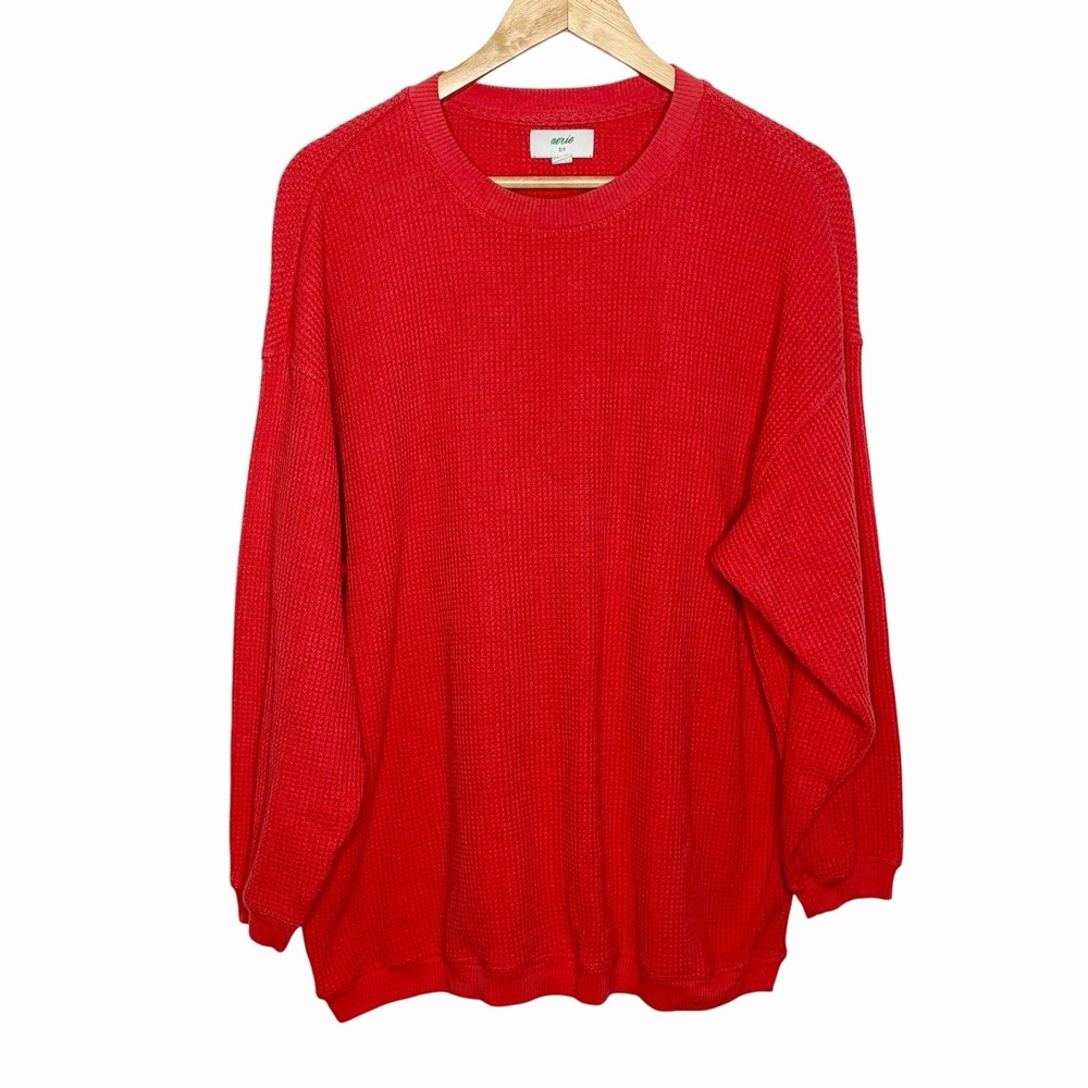 Aerie Oversized Waffle Knit Top Orange Womens Small Thermal Baggy Relaxed Cozy